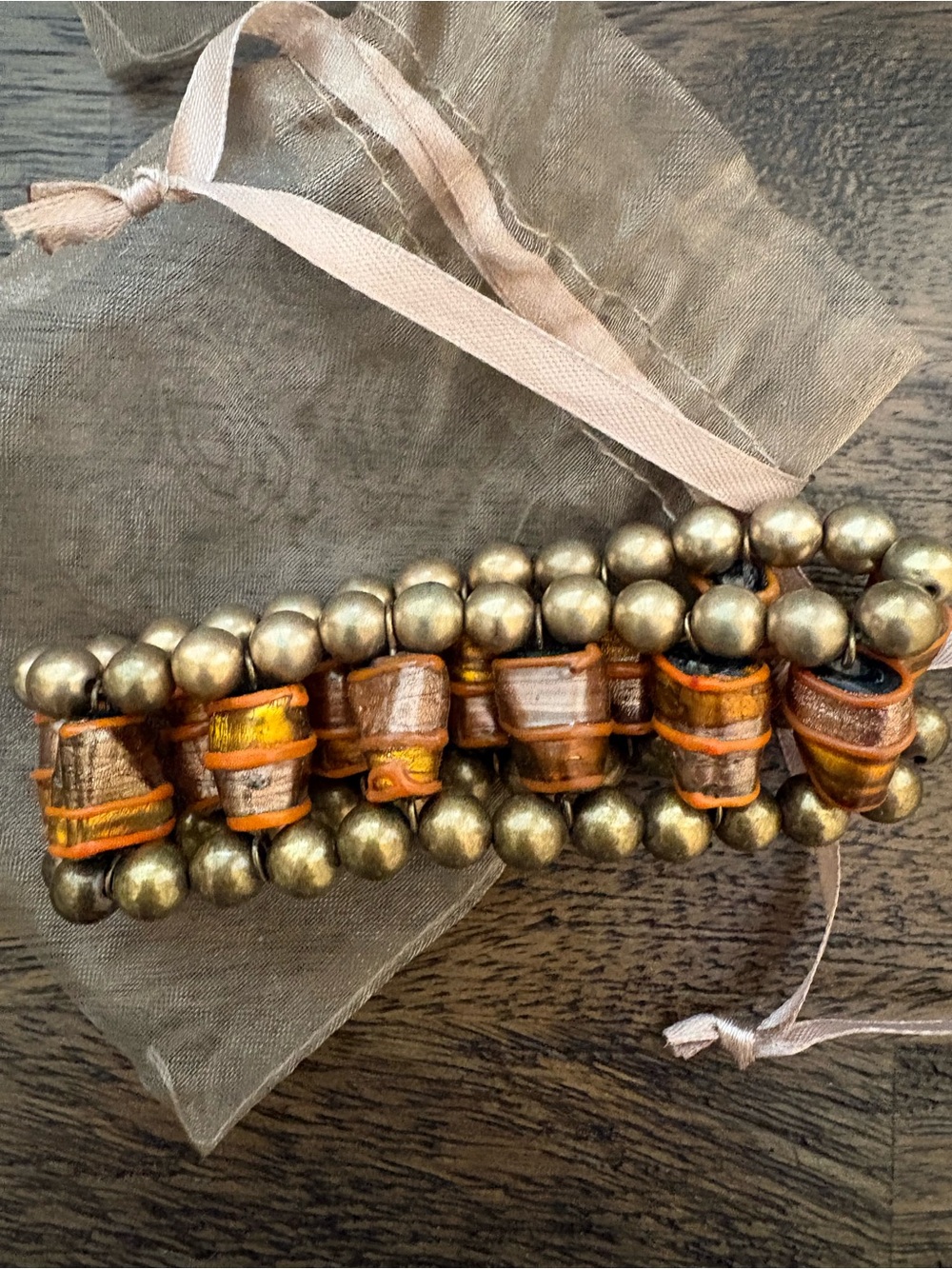 Chico’s Chunky Metallic Bead & Wrapped Leather Bracelet - Gold and Brown